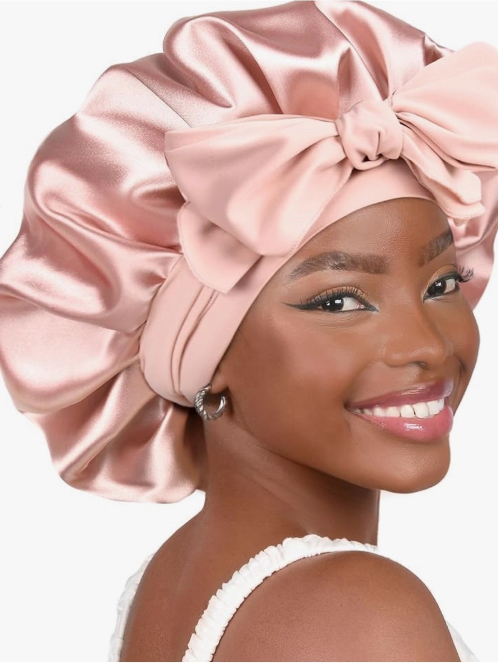 Silky Pink Bow Hair Bonnet - Elegant Satin Sleep Cap
